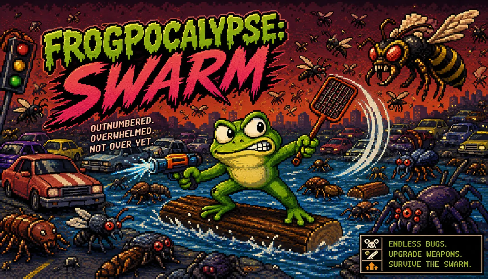 Frogpocalypse Swarm cover art: an armed frog fights through a flood of giant insects